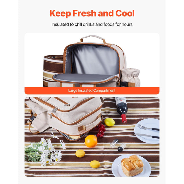 4-Person Insulated Picnic Backpack with Cooler Compartment, Detachable Bottle\u002FWine Holders & Lightweight Blanket - Beige Outdoor Backpack with Plates & Cutlery Set for Camping, Hiking, Beach - Adjustable Shoulder Straps, Multiple Pockets