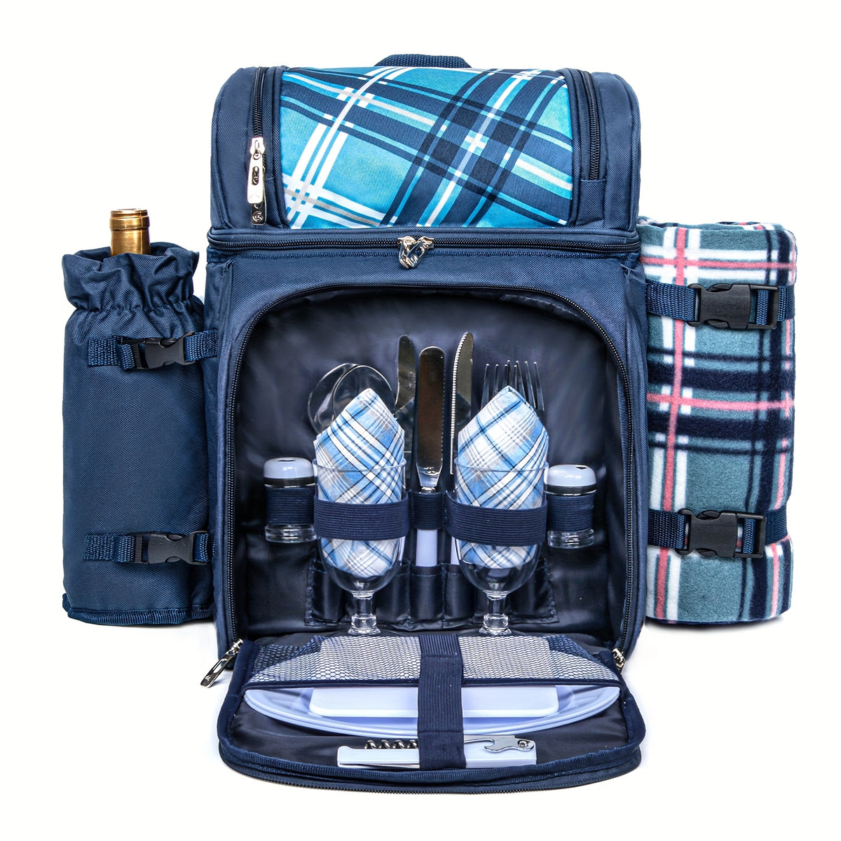 Picnic Basket Backpack With A Free Cashmere Blanket, Suitable For 2-4 People. Features An Insulated, Leak-proof, And Cooler Compartment, Wine Rack, Blanket, And Cutlery Set. A Great Winter Outing Item, Christmas Gift, New Year'S Gift, Couple'S Gift