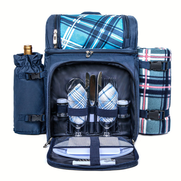 Free Fleece Blanket Included 2-4 Person Picnic Basket Backpack With Insulated, Leak-proof, Cooler Compartment, Wine Rack, Fleece Blanket, And Cutlery Set. Suitable For Both Men And Women. Perfect Thanksgiving, Christmas, And New Year'S Gift.