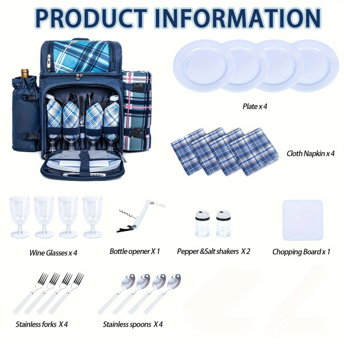 Free Fleece Blanket Included 2-4 Person Picnic Basket Backpack With Insulated, Leak-proof, Cooler Compartment, Wine Rack, Fleece Blanket, And Cutlery Set. Suitable For Both Men And Women. Perfect Thanksgiving, Christmas, And New Year'S Gift.