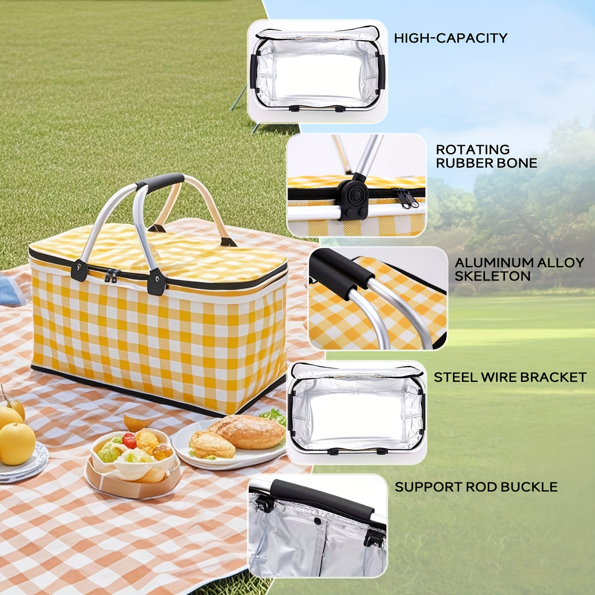 7.13gal Large Collapsible Insulated Cooler Picnic Basket with Lid & Sturdy Handles - Heavy-Duty Thermal Insulation Reusable Folding Grocery Shopping Basket for Outdoor Picnic, Travel, Camping, Beach - Durable Portable Cooler Bag for Storage, Groceries
