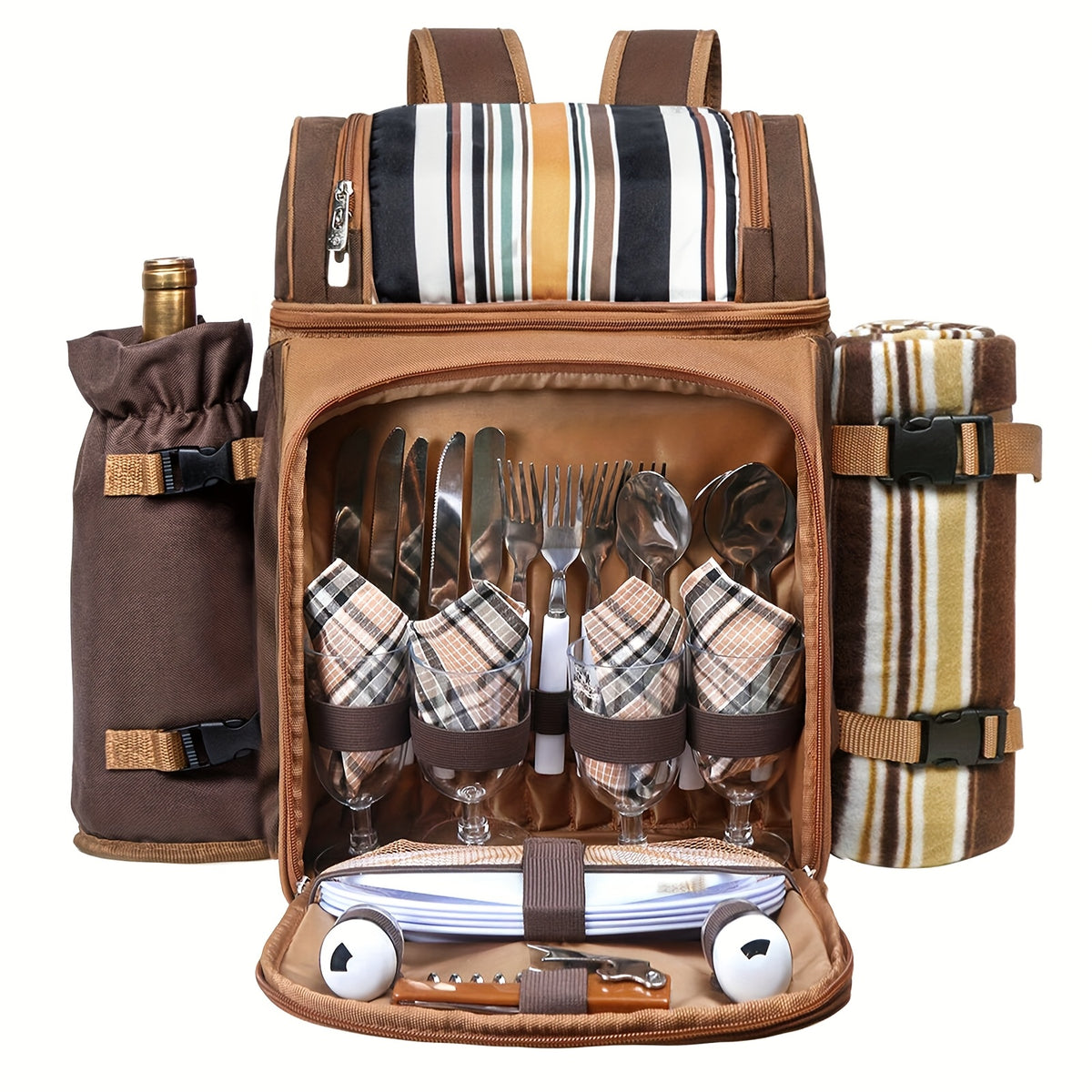 Picnic Basket Backpack With A Free Cashmere Blanket, Suitable For 2-4 People. Features An Insulated, Leak-proof, And Cooler Compartment, Wine Rack, Blanket, And Cutlery Set. A Great Winter Outing Item, Christmas Gift, New Year'S Gift, Couple'S Gift