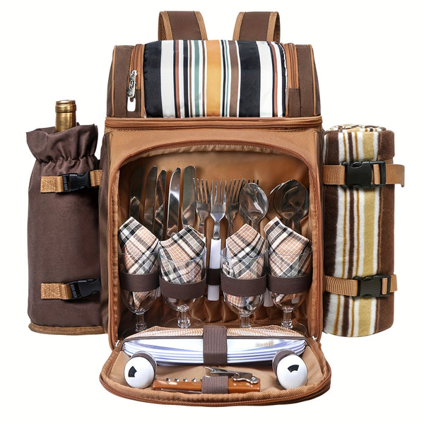 Picnic Basket Backpack With A Free Cashmere Blanket, Suitable For 2-4 People. Features An Insulated, Leak-proof, And Cooler Compartment, Wine Rack, Blanket, And Cutlery Set. A Great Winter Outing Item, Christmas Gift, New Year'S Gift, Couple'S Gift