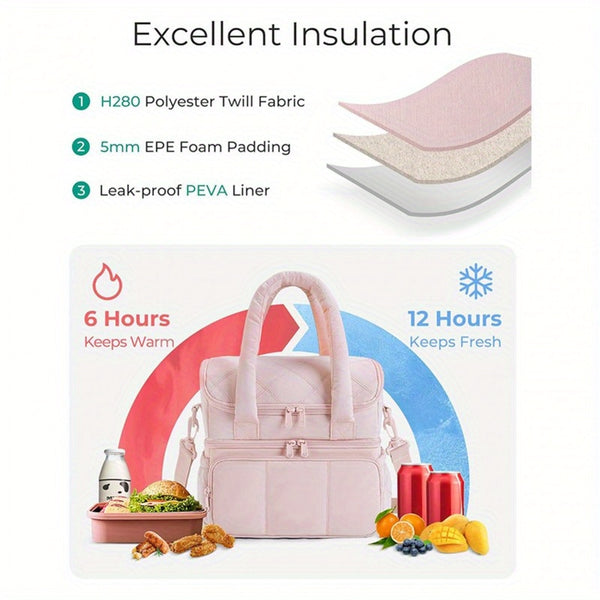 Insulated Lunch Bags for Women, Cute Quilted Lunch Box, Lightweight Puffy Padded Waterproof Lunch Tote, Reusable Lunch Cooler for Work Picnic Travel