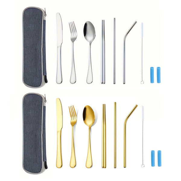 36pcs Portable Stainless Steel Flatware Set, Travel Camping Utensils Set, Portable Cutlery Travel Silverware Dinnerware Set With A Waterproof Storage Case, Lightweight Kitchen Accessories, Fork, Spoon, Knife, Chopstick, Straw, Brush, Tip