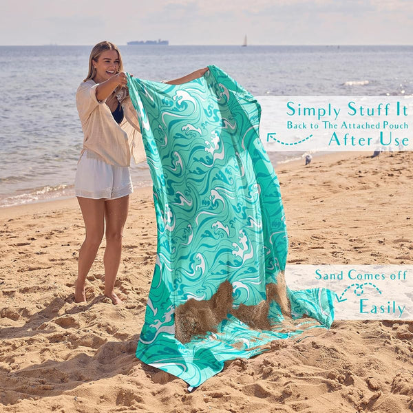 WEKAPO Oversized Extra Large High Quality Beach Blanket & Mat - 11x9ft Turquoise Ocean Waves Sand-Free, with Stakes & Storage Bag, Heavy-Duty for 10 People, Picnic, Pool, Camping - Lightweight for s,, Seniors (Microfiber)
