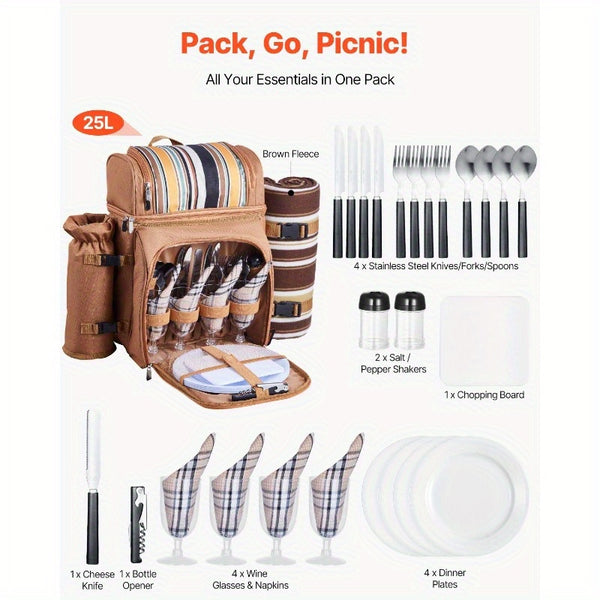 4-Person Beach Picnic Backpack with Cooler Compartment, Multiple Compartments & Detachable Cooler Bag - Includes Utensils, Plates, Napkins, Wine Bottle Holder - Durable Brown Striped Design for Outdoor, Camping, Family Outings