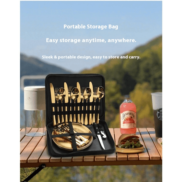 10pcs\u002F 20pcs Camping Utensils Set, Food-Grade 304 Stainless Steel Silverware & Plates, Dishwasher Safe, Heavy-Duty with Storage Pouch for Camping, Picnic, BBQ, Portable Eating Tools, Picnic Utensils Kit, Reusable Outdoor Cutlery, Heavy-Duty