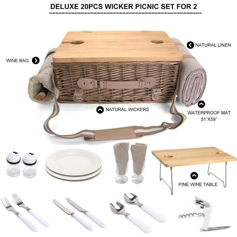 Multifunctional Wicker Picnic Basket Set for 2 with Insulated Table & Blanket - All-in-One Outdoor Dining Set with Full Tableware (Plates, Bowls, Glasses, Cutlery) - Portable Wicker Storage with Side Tables, Durable Wicker Construction & Comfortable