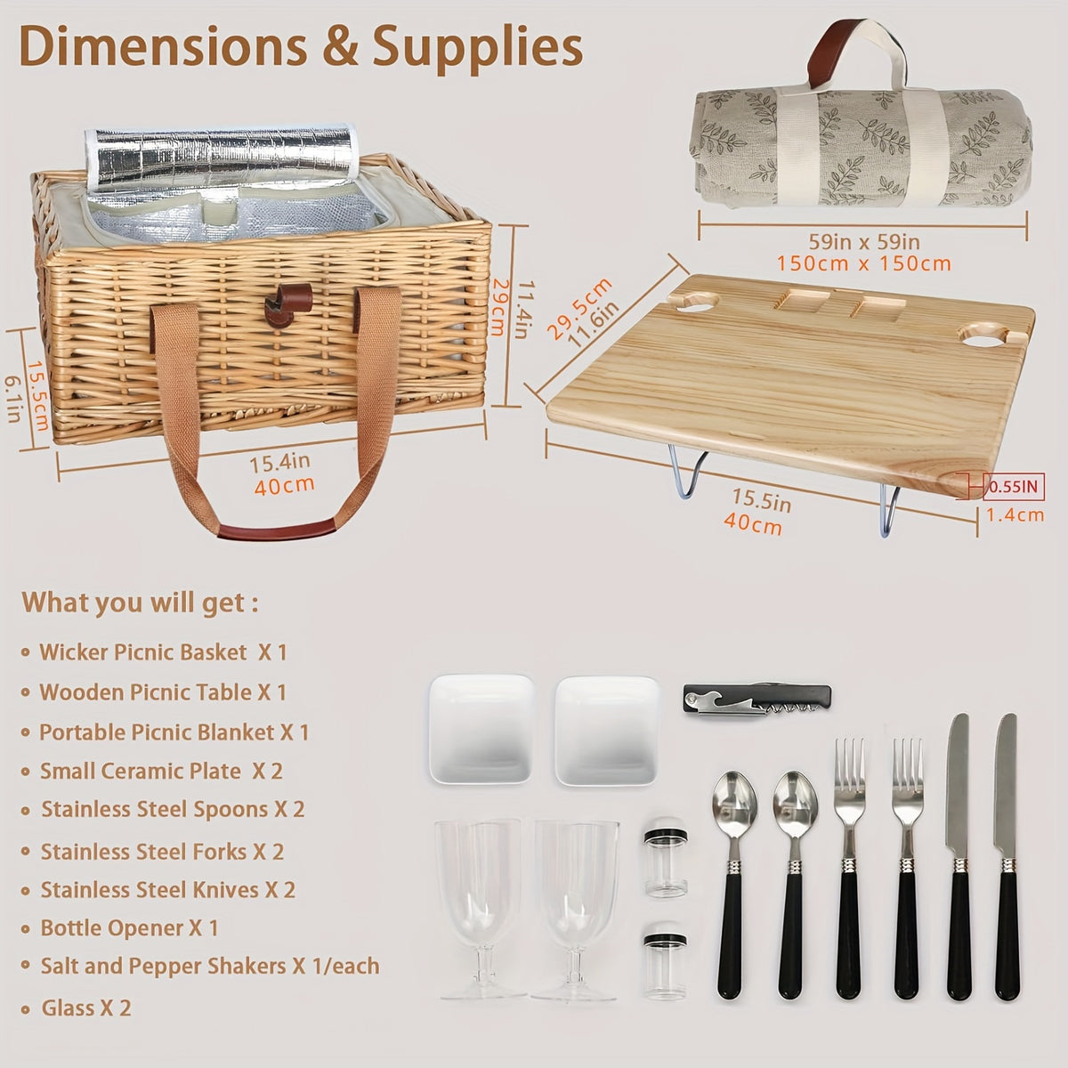Free picnic mat Wicker Picnic Basket for 4 with Mini Folding Wine Picnic Table & Large Insulated Cooler Bag & Cutlery Service Kits for 4 Person, Couples Gifts, Wedding Gifts (Y908.27-1.57inch), Picnic Accessories, Picnic Backpacks, Durable Wicker Construc