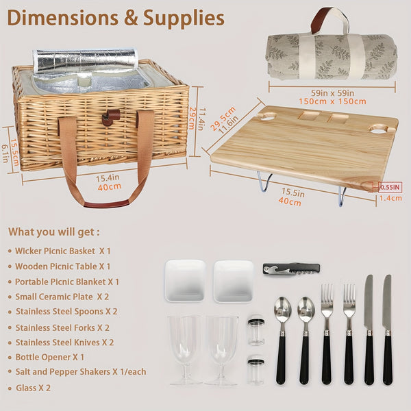 Free picnic mat Wicker Picnic Basket for 4 with Mini Folding Wine Picnic Table & Large Insulated Cooler Bag & Cutlery Service Kits for 4 Person, Couples Gifts, Wedding Gifts (Y908.27-1.57inch), Picnic Accessories, Picnic Backpacks, Durable Wicker Construc