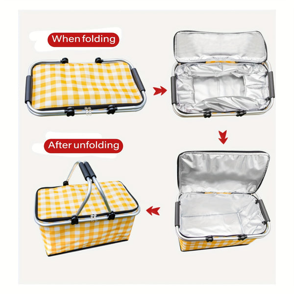 7.13gal Large Collapsible Insulated Cooler Picnic Basket with Lid & Sturdy Handles - Heavy-Duty Thermal Insulation Reusable Folding Grocery Shopping Basket for Outdoor Picnic, Travel, Camping, Beach - Durable Portable Cooler Bag for Storage, Groceries