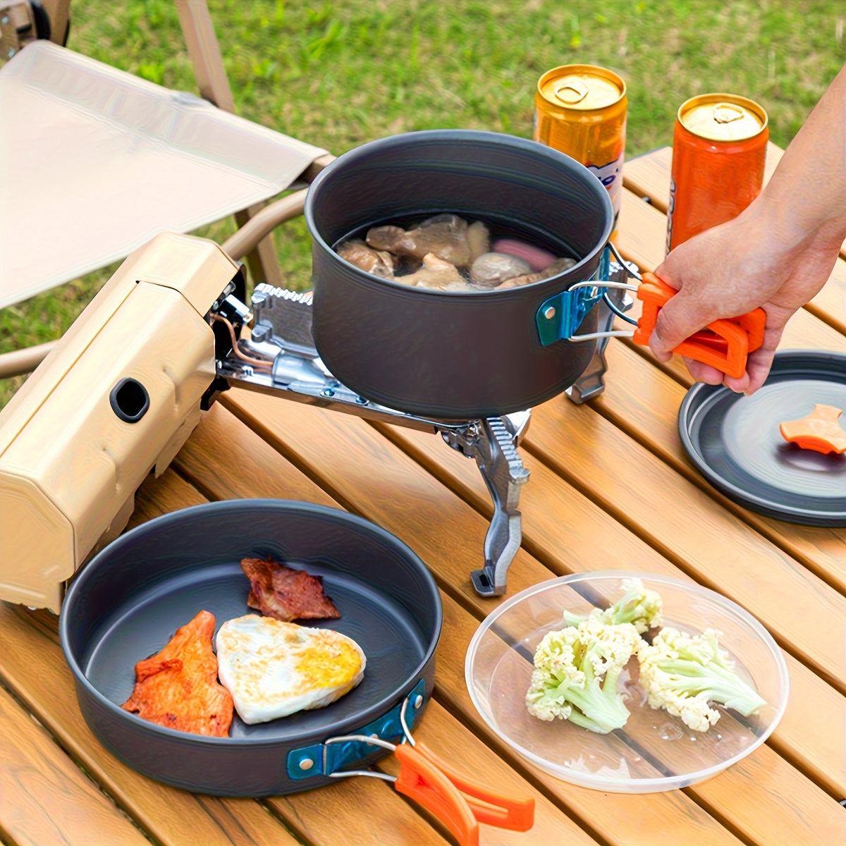 15pcs Portable Non-Stick Aluminum Alloy Camping Cookware Set - Includes 1 Kettle, 1 Frying Pan, 1 Cooking Pot, 2 Plates, 2 Cups, 6pcs Folding Knife Fork Spoon Set, 1 Scrub Sponge, 3 Black Storage Bags - Durable Kitchen Essentials for Camping