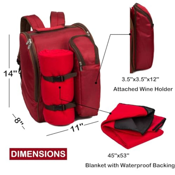 Fully Loaded Insulated Picnic Backpack with Leakproof Cooler Compartment, Fleece Blanket & Wine Holder - All-in-One Outdoor Picnic Set for 2 with Cutlery Organizer, Durable Red Backpack for Hiking, Camping, Romantic Dates - Stylish & Portable Design