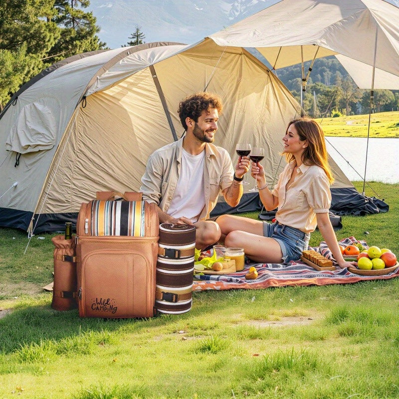 4-Person Beach Picnic Backpack with Cooler Compartment, Multiple Compartments & Detachable Cooler Bag - Includes Utensils, Plates, Napkins, Wine Bottle Holder - Durable Brown Striped Design for Outdoor, Camping, Family Outings