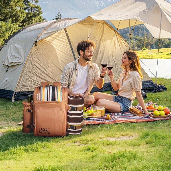 4-Person Beach Picnic Backpack with Cooler Compartment, Multiple Compartments & Detachable Cooler Bag - Includes Utensils, Plates, Napkins, Wine Bottle Holder - Durable Brown Striped Design for Outdoor, Camping, Family Outings