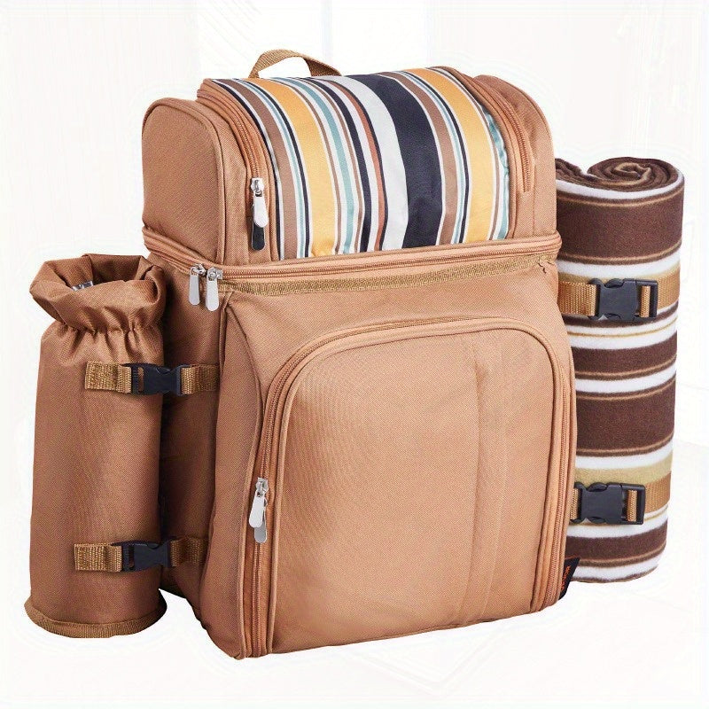 4-Person Beach Picnic Backpack with Cooler Compartment, Multiple Compartments & Detachable Cooler Bag - Includes Utensils, Plates, Napkins, Wine Bottle Holder - Durable Brown Striped Design for Outdoor, Camping, Family Outings