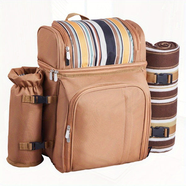 4-Person Beach Picnic Backpack with Cooler Compartment, Multiple Compartments & Detachable Cooler Bag - Includes Utensils, Plates, Napkins, Wine Bottle Holder - Durable Brown Striped Design for Outdoor, Camping, Family Outings