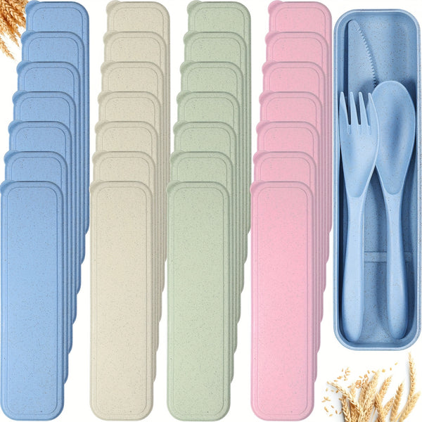 28pcs High-Quality Wheat Straw Cutlery Set with Colorful Cases - Reusable Spoons, Forks, Knives for Travel, Picnics, Lunch - Durable, Lightweight & Portable Tableware, Wheat Straw Dinnerware Set