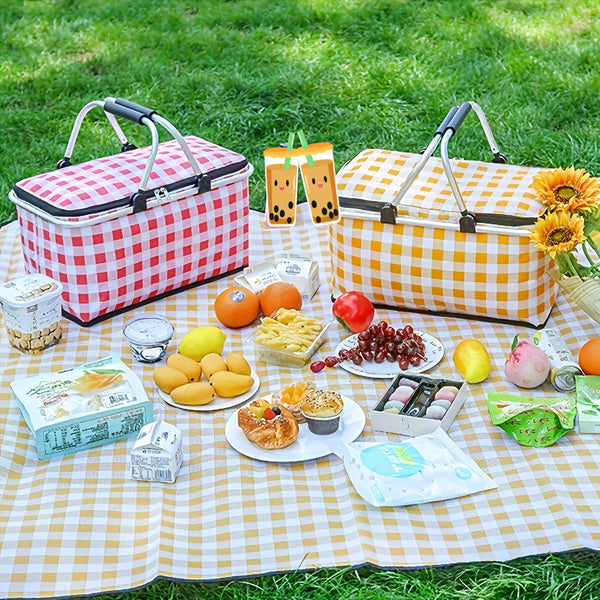 1pc of Portable Outdoor Picnic Cooler Bag with Two Ice Packs - Sturdy Steel Frame, Collapsible, Insulated Food Storage Basket Featuring a Convenient Carry Handle for Camping, Travel, And Outdoor Activities.