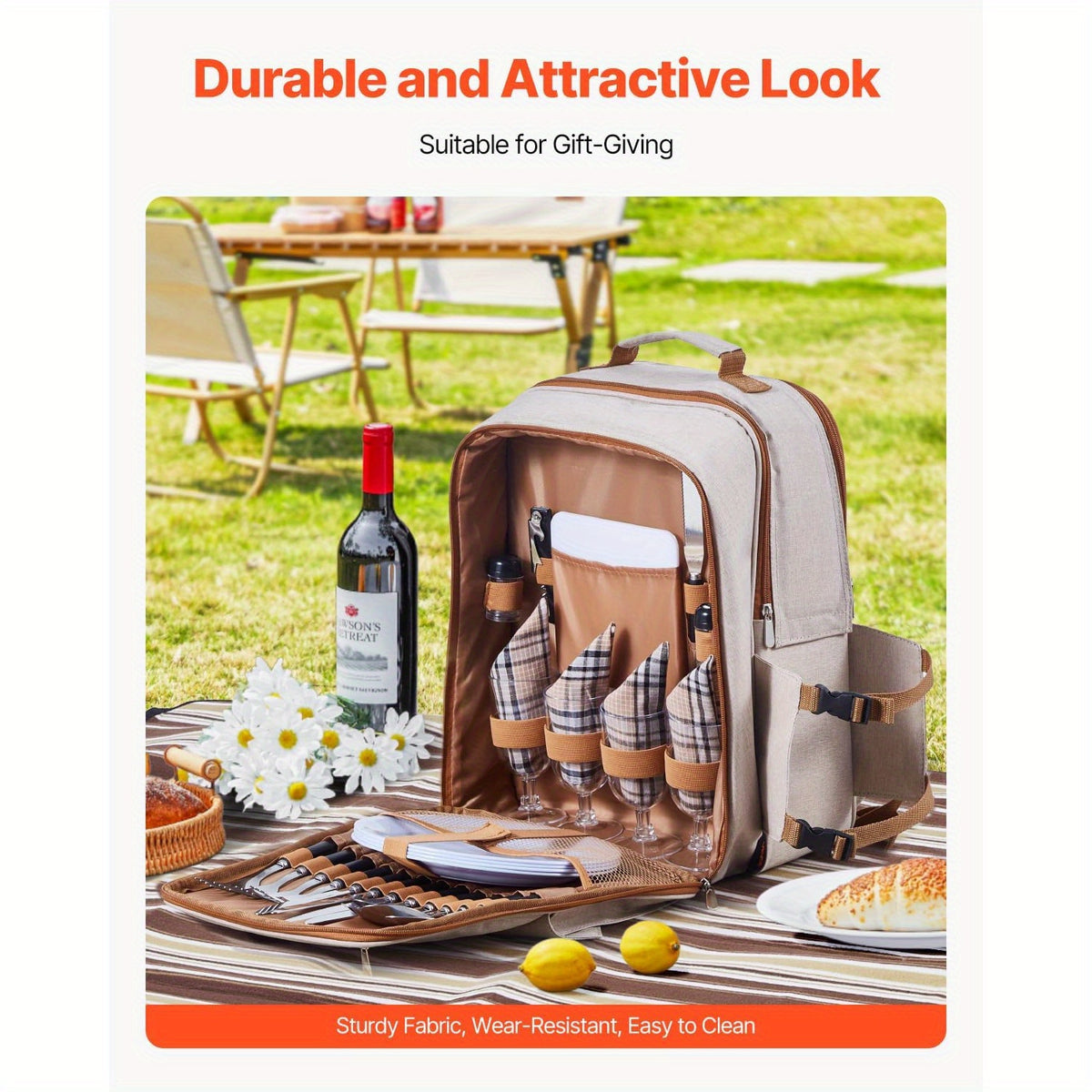 4-Person Insulated Picnic Backpack with Cooler Compartment, Detachable Bottle\u002FWine Holders & Lightweight Blanket - Beige Outdoor Backpack with Plates & Cutlery Set for Camping, Hiking, Beach - Adjustable Shoulder Straps, Multiple Pockets