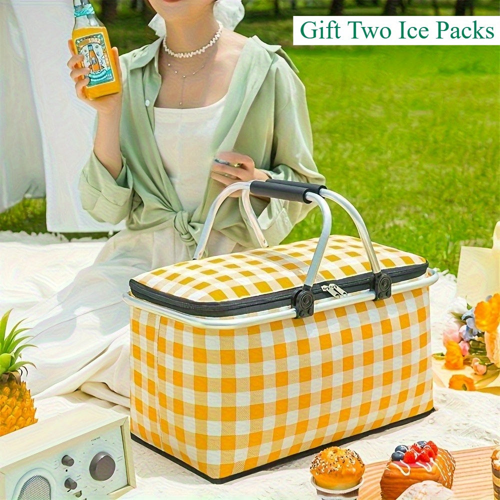 Gift Two Ice Packs1pcs Portable Outdoor Picnic Insulation Bag-Durable, Foldable, Insulated Food Storage Basket with Easy Carry Handle for Camping, Travel, and Outdoor Adventures
