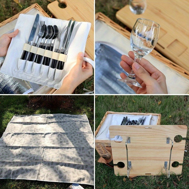 Free picnic mat Wicker Picnic Basket for 4 with Mini Folding Wine Picnic Table & Large Insulated Cooler Bag & Cutlery Service Kits for 4 Person, Couples Gifts, Wedding Gifts (Y908.27-1.57inch), Picnic Accessories, Picnic Backpacks, Durable Wicker Construc