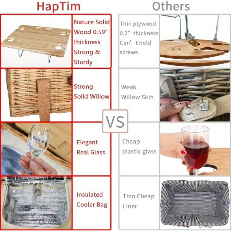 Free picnic mat Wicker Picnic Basket for 4 with Mini Folding Wine Picnic Table & Large Insulated Cooler Bag & Cutlery Service Kits for 4 Person, Couples Gifts, Wedding Gifts (Y908.27-1.57inch), Picnic Accessories, Picnic Backpacks, Durable Wicker Construc