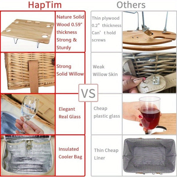 Free picnic mat Wicker Picnic Basket for 4 with Mini Folding Wine Picnic Table & Large Insulated Cooler Bag & Cutlery Service Kits for 4 Person, Couples Gifts, Wedding Gifts (Y908.27-1.57inch), Picnic Accessories, Picnic Backpacks, Durable Wicker Construc