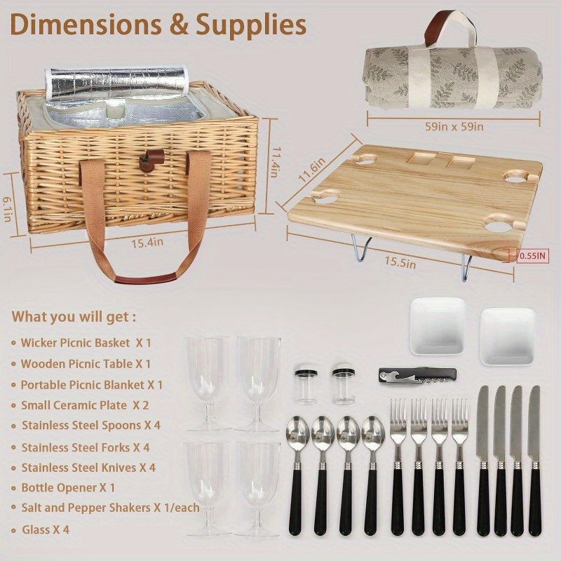 Free picnic mat Wicker Picnic Basket for 4 with Mini Folding Wine Picnic Table & Large Insulated Cooler Bag & Cutlery Service Kits for 4 Person, Couples Gifts, Wedding Gifts (Y908.27-1.57inch), Picnic Accessories, Picnic Backpacks, Durable Wicker Construc