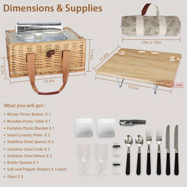 Free picnic mat Wicker Picnic Basket for 4 with Mini Folding Wine Picnic Table & Large Insulated Cooler Bag & Cutlery Service Kits for 4 Person, Couples Gifts, Wedding Gifts (Y908.27-1.57inch), Picnic Accessories, Picnic Backpacks, Durable Wicker Construc