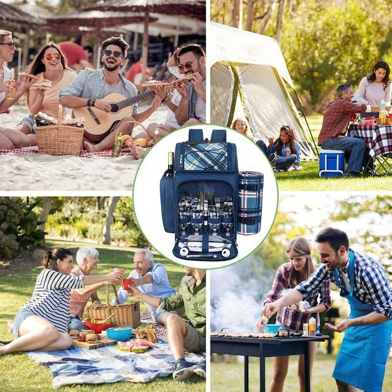 Free Fleece Blanket Included 2-4 Person Picnic Basket Backpack With Insulated, Leak-proof, Cooler Compartment, Wine Rack, Fleece Blanket, And Cutlery Set. Suitable For Both Men And Women. Perfect Thanksgiving, Christmas, And New Year'S Gift.