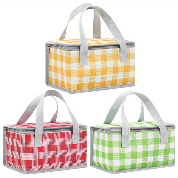 Large Thermal Insulated Cooler Bag - High Quality & BPA-Free 600D Oxford & Aluminum Foil Picnic Tote with Dual Zippers, Plaid Design (Red\u002FYellow\u002FGreen\u002FWhite) for Camping, Beach, BBQ - Includes Napkins
