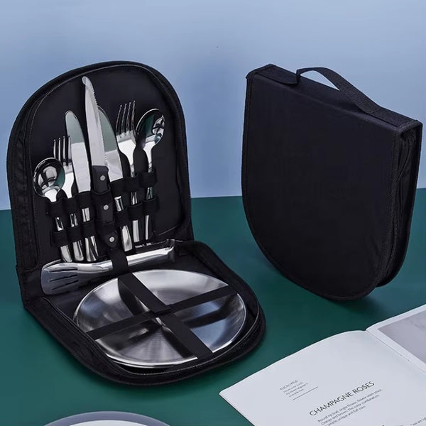 2-Person Compact Portable Picnic Set with Plates, Spoons, Knives & Forks - Heavy-Duty Outdoor Tableware in Sturdy Case, Lightweight & Hygienic for Camping, Picnic, Travel - Ideal for Backpacking, Tailgating, Home Use - Durable Dinnerware Set for Two