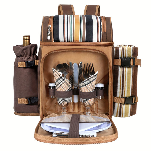 Picnic Basket Backpack With A Free Cashmere Blanket, Suitable For 2-4 People. Features An Insulated, Leak-proof, And Cooler Compartment, Wine Rack, Blanket, And Cutlery Set. A Great Winter Outing Item, Christmas Gift, New Year'S Gift, Couple'S Gift