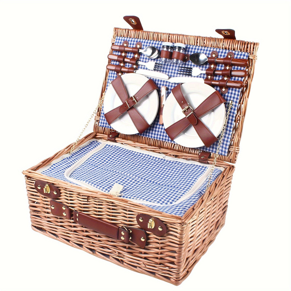Large Wicker Picnic Basket With Cups Flatware Set Utensils Basket For 4 Person