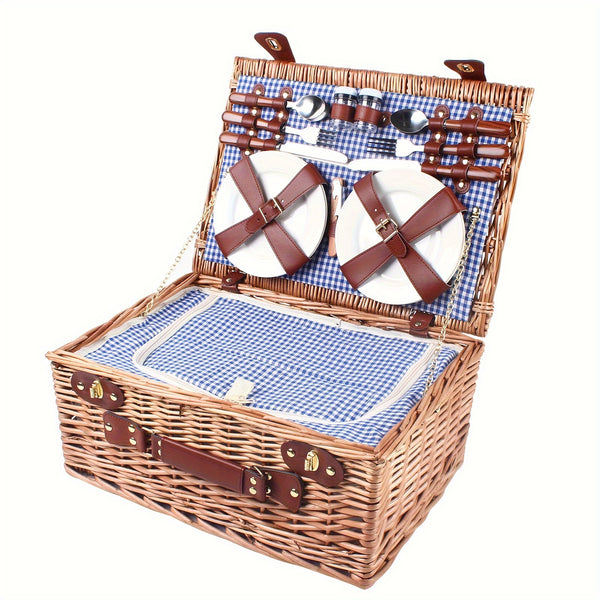 Large Wicker Picnic Basket With Cups Flatware Set Utensils Basket For 4 Person