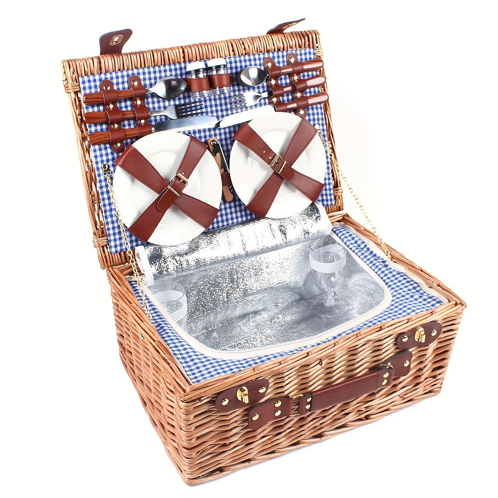 Large Wicker Picnic Basket With Cups Flatware Set Utensils Basket For 4 Person
