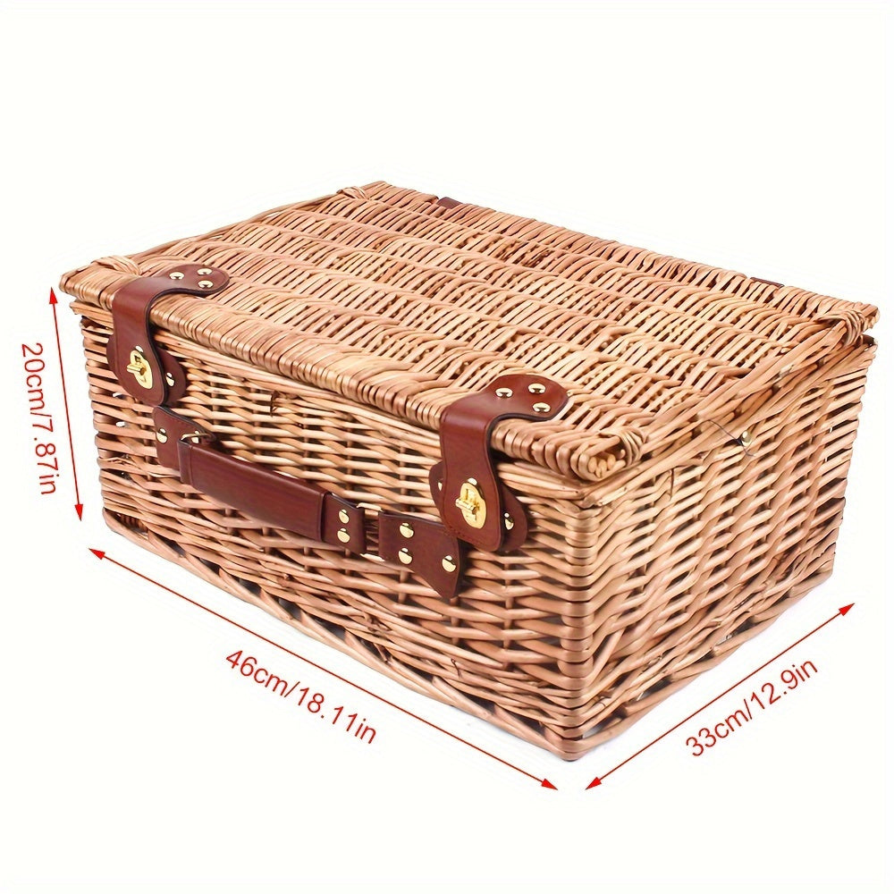 Large Wicker Picnic Basket With Cups Flatware Set Utensils Basket For 4 Person
