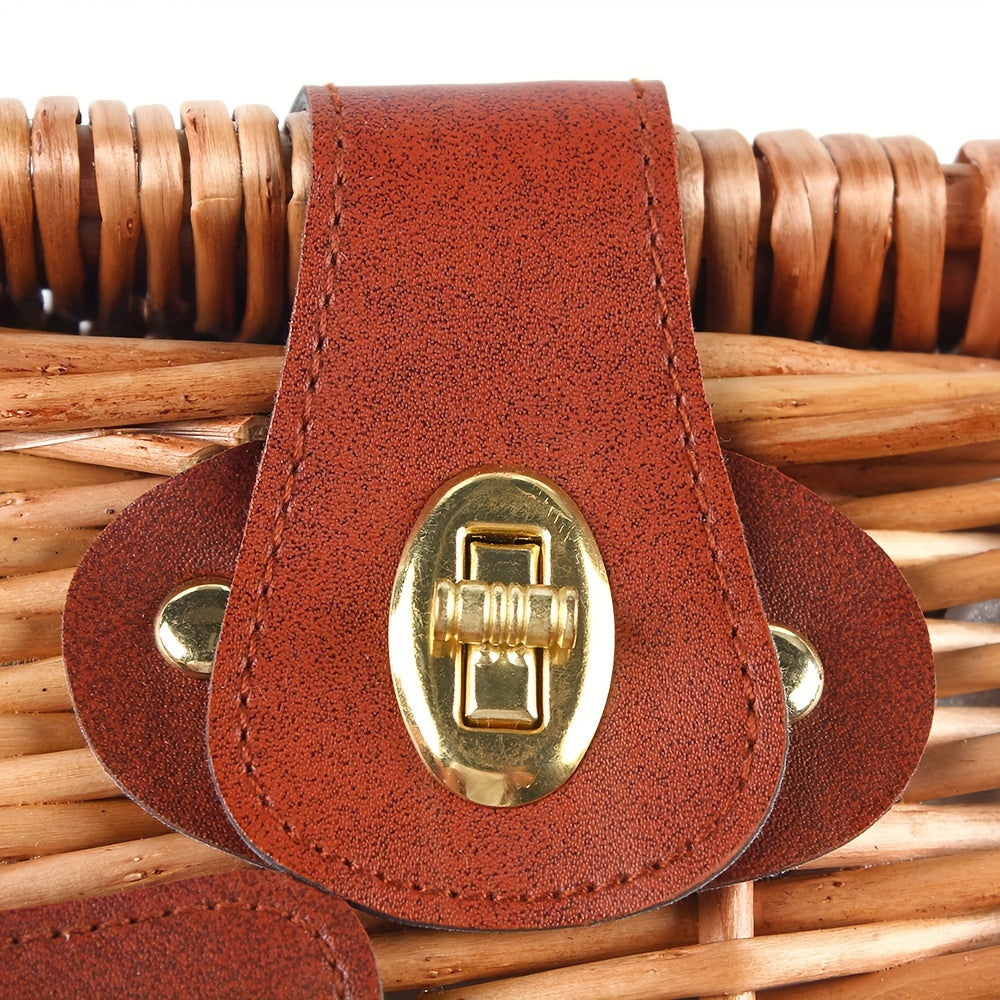 Large Wicker Picnic Basket With Cups Flatware Set Utensils Basket For 4 Person