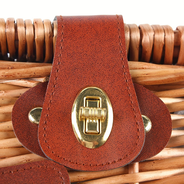 Large Wicker Picnic Basket With Cups Flatware Set Utensils Basket For 4 Person