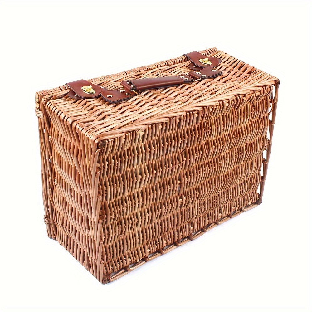 Large Wicker Picnic Basket With Cups Flatware Set Utensils Basket For 4 Person