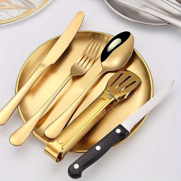 Picnic Dishes Utensils Golden Camping Flatware Set for 4 Portable Tableware Plates Silverware Forks Spoons Knives Bottle Opener Food Tongs Complete Kit with Zipper Bag