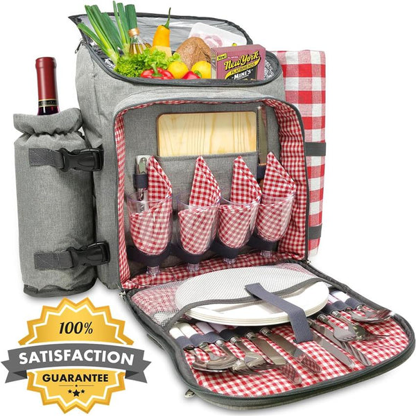 Nature Gear Large Picnic Backpack, Insulated Bag with Detachable Wine Cooler & Picnic Blanket, Includes Dinnerware Set for 4 & Picnic Accessories, Waterproof Outdoor Travel Backpack for Beach, Red