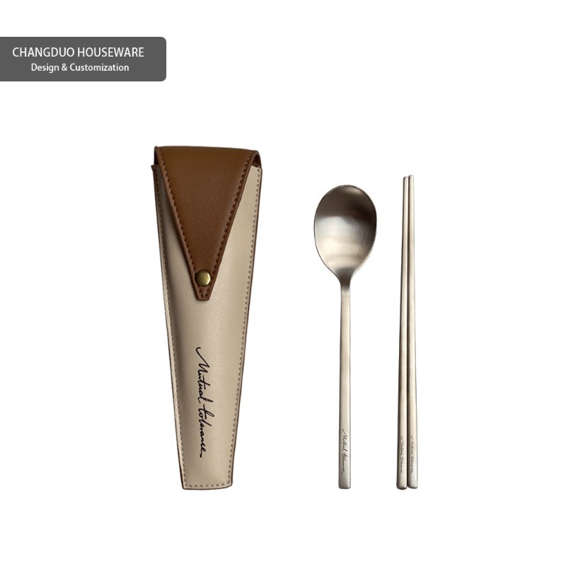 Portable Tableware Set with Leather Case - Compact Travel & Camping Cutlery Kit (Spoon & Chopsticks) - Elegant Outdoor Dining Set, Ideal for, Picnics, Gifts for s &