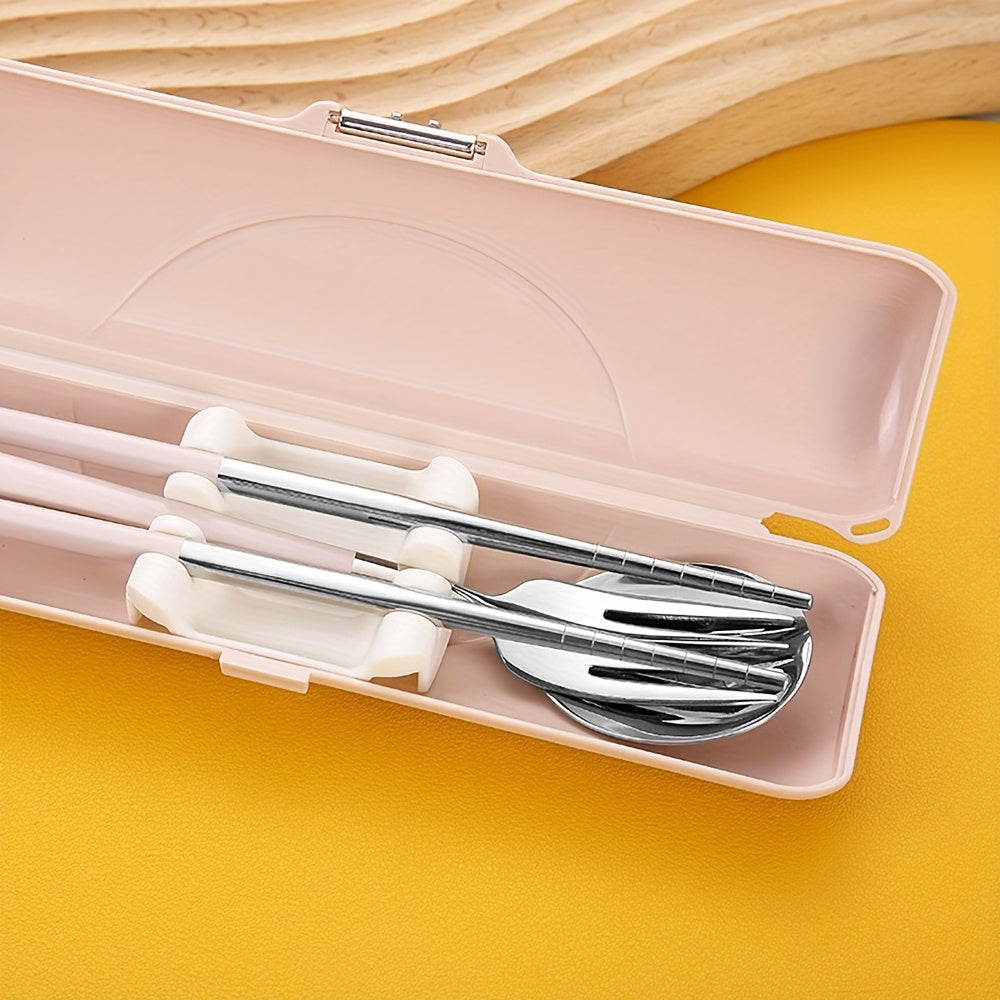 8pcs 304 Stainless Steel Portable Cutlery Set with Storage Box - -Friendly Hygienic Travel Tableware (Chopsticks, Spoon, Fork) in Pink Case with Lid for School Lunches, Camping, Picnic - Food-Grade Durable Utensils