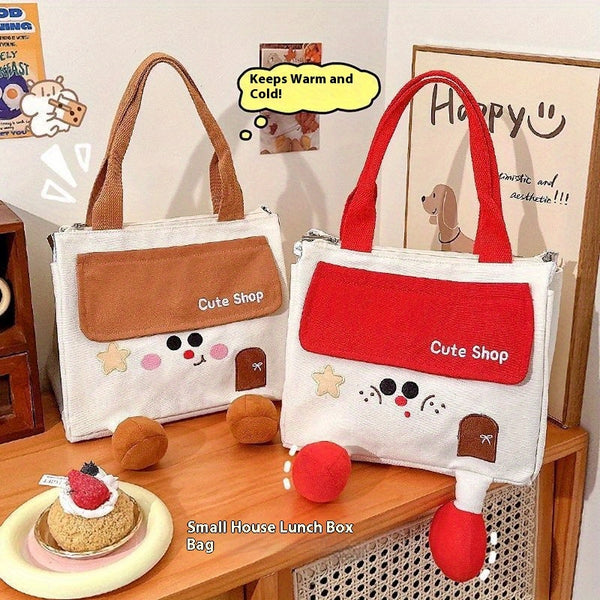 Thickened Portable Bento Bag with Rice Aluminum Foil - Cute Cartoon House Design, Large Lunch Box for Office Workers, High-Quality Thermal Insulation, Mixed Colors, Non-Woven Material, Hand Wash Only, Lunch Bag Insulated, Work Meal Container, Playful Desi