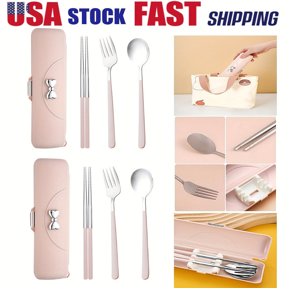 8pcs 304 Stainless Steel Portable Cutlery Set with Storage Box - -Friendly Hygienic Travel Tableware (Chopsticks, Spoon, Fork) in Pink Case with Lid for School Lunches, Camping, Picnic - Food-Grade Durable Utensils