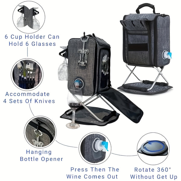 Backpack Cooler Insulated Leak Proof for Keeping Cool, Collapsible Support Stand with Rotary Bottom Tray, Cup Holder Cutlery Set for Camping Lunch