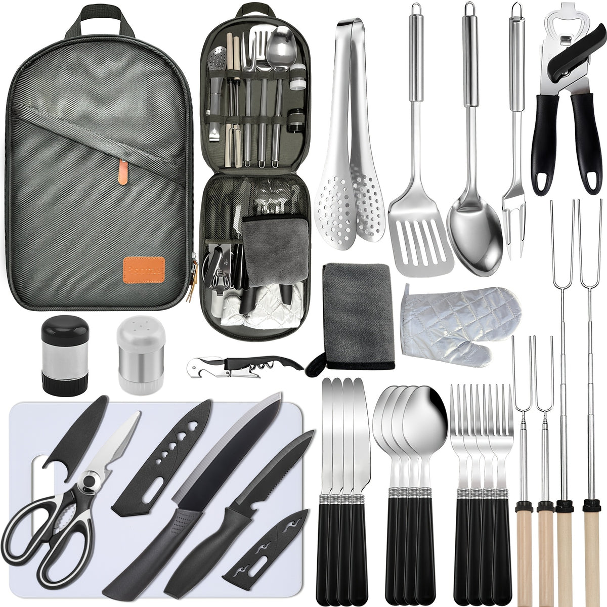 Portable Camping Kitchen Utensil Set-31pcs Camping Essentials Camping Accessories Gear Must Haves Camping Cookware Kit, Stainless Steel Outdoor Cooking And Grilling Utensil Organizer Travel Set Perfect For Travel, Picnics, RVs, BBQ, Parties And More